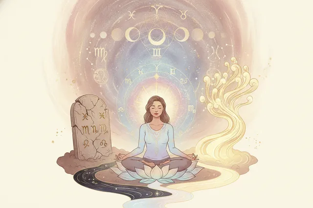 Ilustração etérea de astrologia da Nova Era com cores suaves e detalhes dourados, mostrando uma mulher contemplando um mapa astral celestial com energias fluindo.