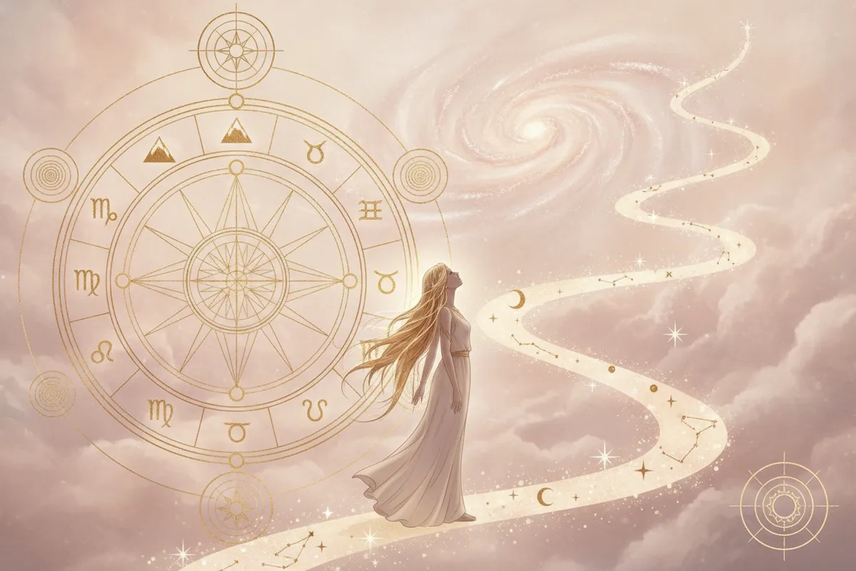 Ilustração etérea de astrologia Nova Era com cores suaves, detalhes em dourado e uma luz mística, representando o livro aberto do mapa astral e o despertar para a carreira e o propósito de vida.
