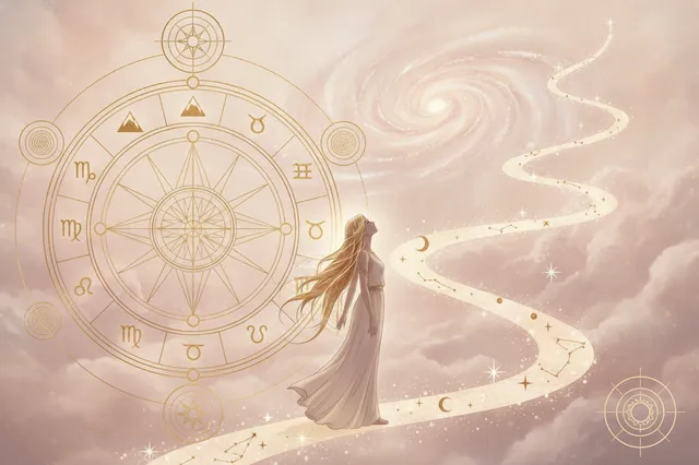 Ilustração etérea de astrologia Nova Era com cores suaves, detalhes em dourado e uma luz mística, representando o livro aberto do mapa astral e o despertar para a carreira e o propósito de vida.