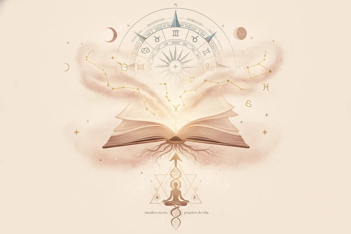Ilustração etérea de astrologia Nova Era com cores suaves e detalhes dourados, representando uma mulher em conexão com seu mapa astral e sua essência.