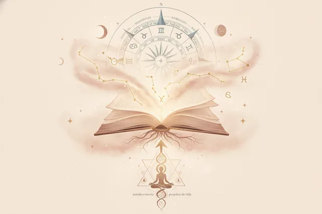 Ilustração etérea de astrologia Nova Era com cores suaves e detalhes dourados, representando uma mulher em conexão com seu mapa astral e sua essência.