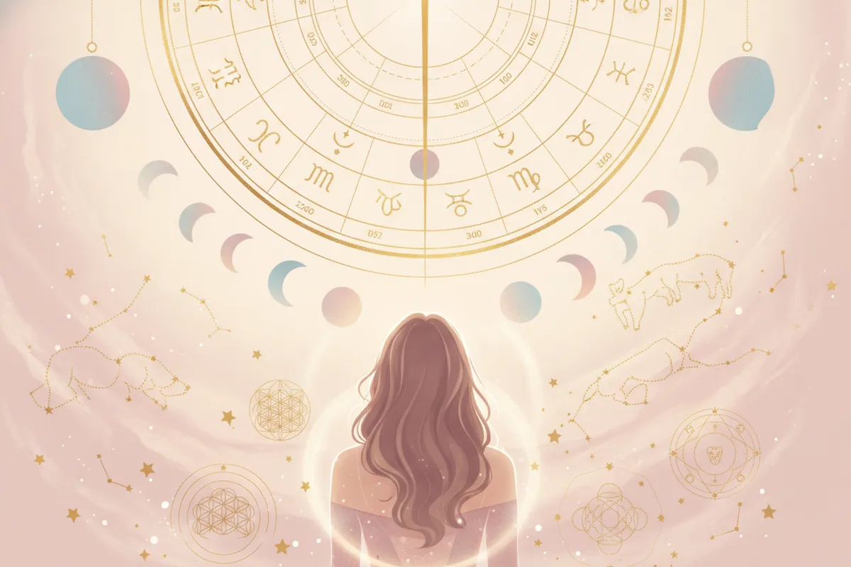 Ilustração etérea de astrologia da nova era com uma mulher observando um mapa astral luminoso, cercado por estrelas e planetas em tons pastéis e dourados, transmitindo uma aura mística e sonhadora.