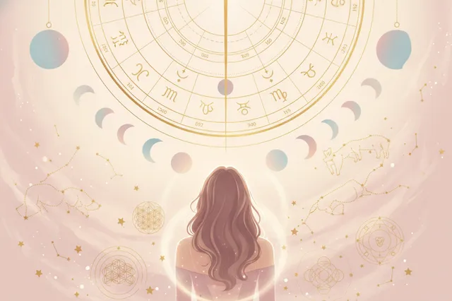 Ilustração etérea de astrologia da nova era com uma mulher observando um mapa astral luminoso, cercado por estrelas e planetas em tons pastéis e dourados, transmitindo uma aura mística e sonhadora.