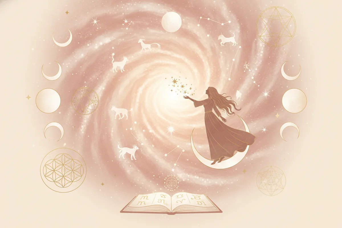 Ilustração etérea de mapa astral da Nova Era com cores suaves e detalhes dourados, mostrando uma mulher contemplando o cosmos e símbolos místicos.