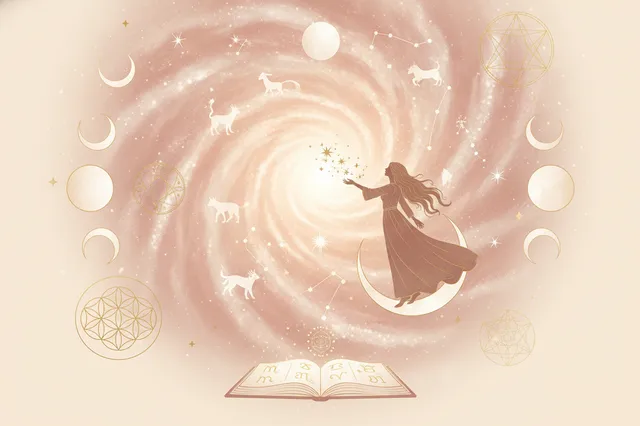 Ilustração etérea de mapa astral da Nova Era com cores suaves e detalhes dourados, mostrando uma mulher contemplando o cosmos e símbolos místicos.