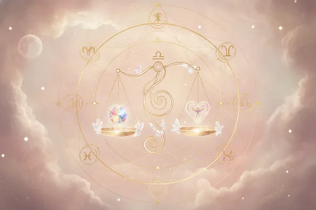Ilustração etérea de astrologia Nova Era com uma balança de Libra, rodeada por símbolos elementais em tons pastéis e dourados, representando o poder pessoal e o autoconhecimento.