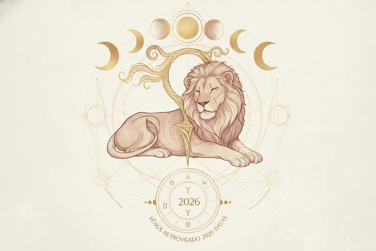 Ilustração etérea de Vênus Retrógrado em Leão, com uma mulher meditando e símbolos astrológicos em tons pastéis e dourados, representando autoconhecimento e amor.