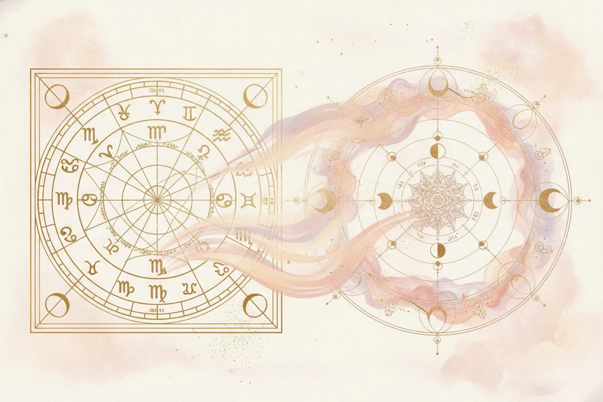 Ilustração etérea e mística representando a harmonia entre a astrologia tradicional e a Astrologia da Nova Era, com cores suaves e detalhes dourados.