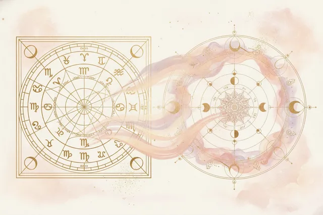 Ilustração etérea e mística representando a harmonia entre a astrologia tradicional e a Astrologia da Nova Era, com cores suaves e detalhes dourados.