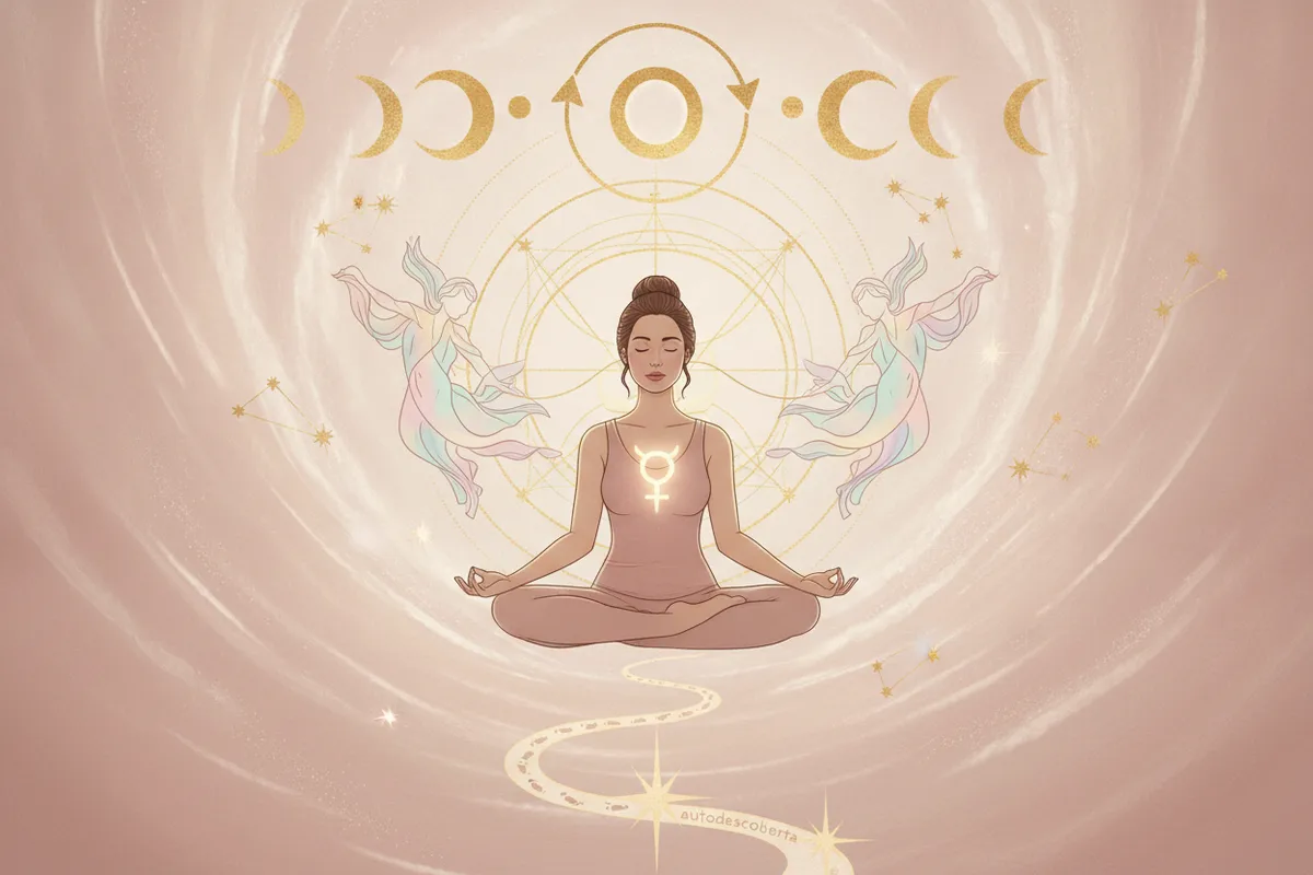 Ilustração etérea de astrologia da Nova Era, com uma mulher meditando e símbolos de Vênus e corações entrelaçados em tons pastel e dourados, em um fundo cósmico místico.