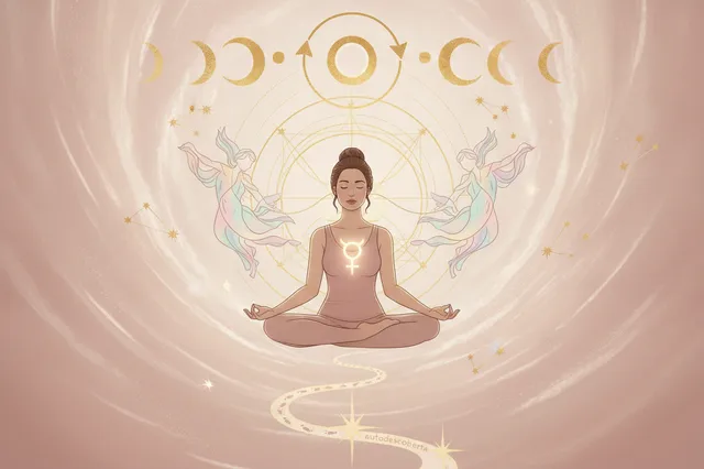 Ilustração etérea de astrologia da Nova Era, com uma mulher meditando e símbolos de Vênus e corações entrelaçados em tons pastel e dourados, em um fundo cósmico místico.