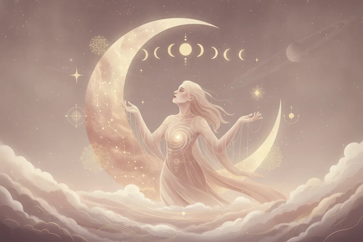 Ilustração etérea de uma mulher meditando sob uma lua crescente, com símbolos astrológicos e energia suave ao redor, em tons pastel e dourado, representando a importância da Lua no mapa astral.
