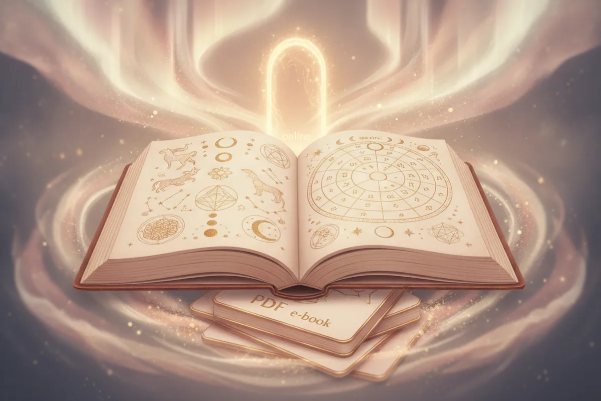 Ilustração etérea de uma mulher meditando com um livro aberto de astrologia, cercada por astros e em tons pastéis.