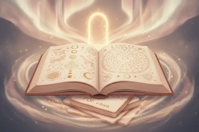Ilustração etérea de uma mulher meditando com um livro aberto de astrologia, cercada por astros e em tons pastéis.