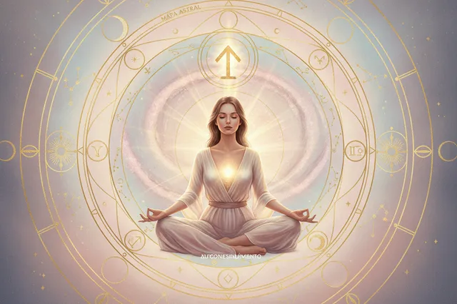 Ilustração etérea de astrologia nova era com um sol nascente, elementos celestiais e uma figura feminina irradiando luz, representando o poder do ascendente.